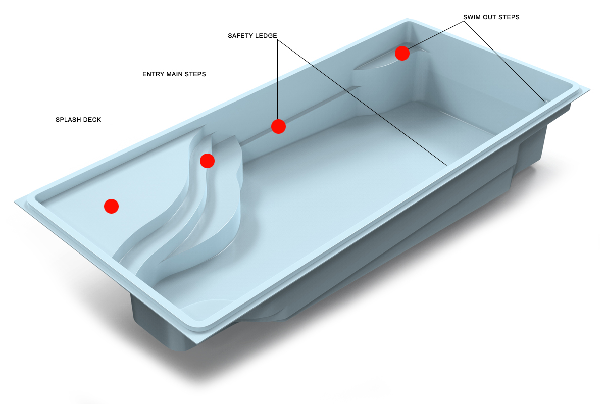 Radiance-D35 fiberglass pool with splash deck features